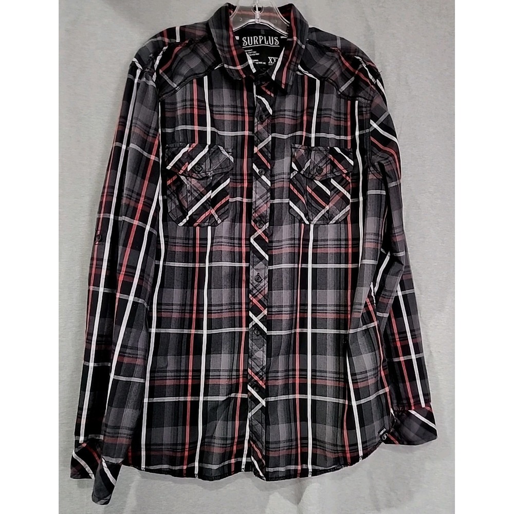 Surplus Mens XXL Plaid Button Down Shirt Long Sleeve Black Red 68L04837